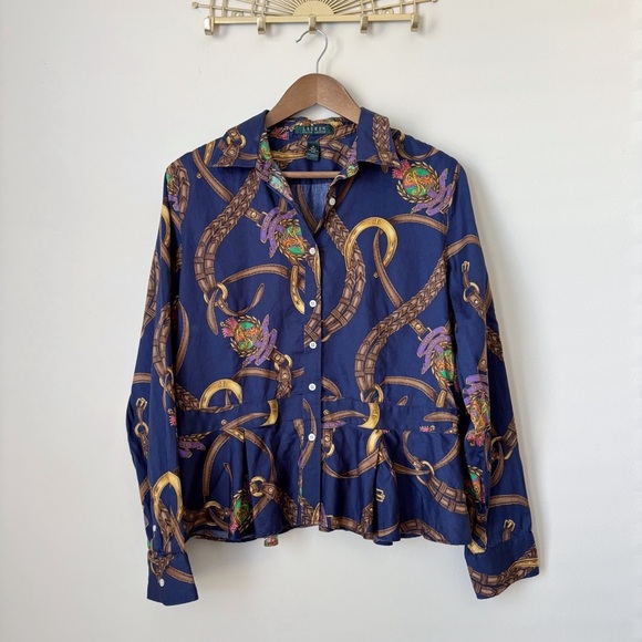 Lauren Ralph Lauren Equestrian Peplum Shirt 14 Button Front Blue - Picture 1 of 9